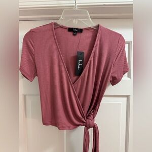 NWT Lulus Rose Mauve Pink Ribbed Crop Top Tie Size Small